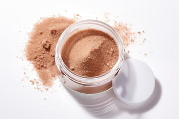 Close-up of face scrub powder designed for exfoliation, effectively removing dead skin from the face, ankles, and other body parts, neatly displayed on a clean white background for skincare promotion