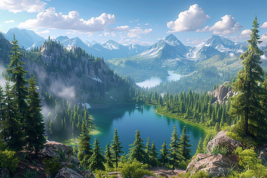 Elevated land featuring a serene lake surrounded by pine trees and rugged cliffs.