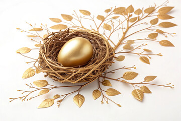 Beautiful shiny luxury decoration golden egg in cukoo bird nest on white background. The luxury decoration by branch and leaf golden around