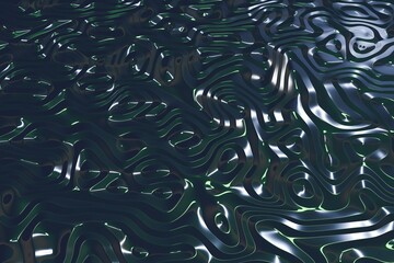 Abstract design of a plane with textured and grooved metallic surface. Round texture, lighted with green and white light from different directions. 