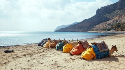 Camels Resting on a Sandy Beach Near Mountains