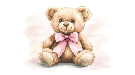 Obraz premium Adorable teddy bear, sweet smile toy plush beige pink bow illustration cute cuddly happy childhood innocence soft fluffy teddy bear animal stuffed