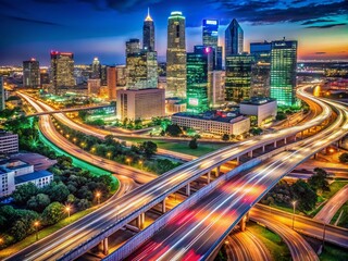 Fototapeta premium Captivating Aerial View of Illuminated Downtown Dallas Roads at Night with Highways and Moving Traffic, Showcasing Urban Life and Vibrant City Lights in Texas, USA