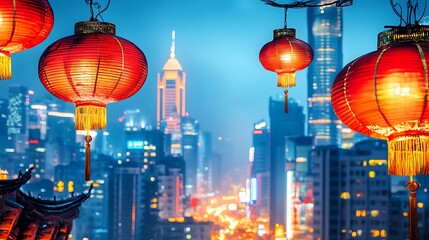 A modern cityscape with skyscrapers and bright lights, contrasting with traditional lanterns hung...