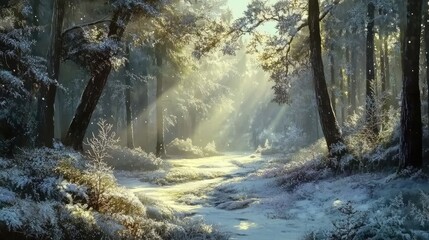 Obraz premium A serene winter scene with soft sunlight streaming through frosted branches in a quiet forest