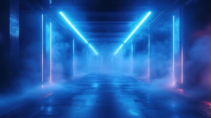 Futuristic Cyberpunk Room with Neon Blue Lights and Foggy Atmosphere in a Dark Setting