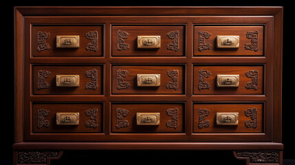 Antique chinese apothecary chest with intricate carved wooden design and brass handles