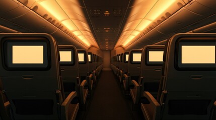 Row of airplane seats featuring blank LCD screens ready for custom content. Overhead lights add a cozy ambiance