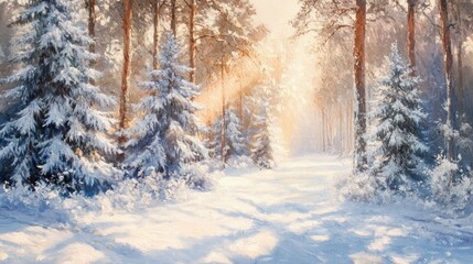 Sunbeams filtering through snow-laden evergreens, creating a magical interplay of light and frost