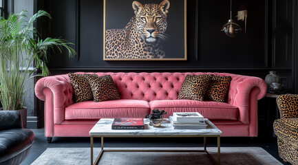 A pink velvet Chesterfield sofa with leopard print cushions, made by AI