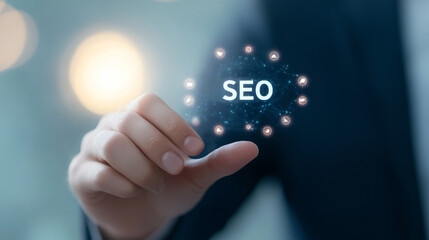 Businessperson conducting seo research in office space digital environment focused viewpoint