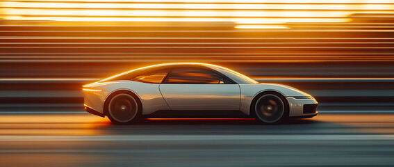 A sleek car in motion against a sunset backdrop.