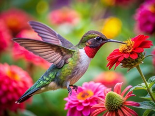 Fototapeta premium Captivating Architectural Photography of Rubythroated Hummingbird Drinking Nectar in Wisconsin's Natural Landscape