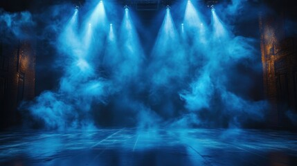 Dramatic Stage Scene with Blue Spotlight Beams and Swirling Mist on Glossy Floor Reflection