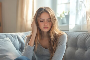 Lonely Asian Woman on Couch Reflecting on Grief and Heartbreak Feelings of Sadness Exhaustion and Anxiety