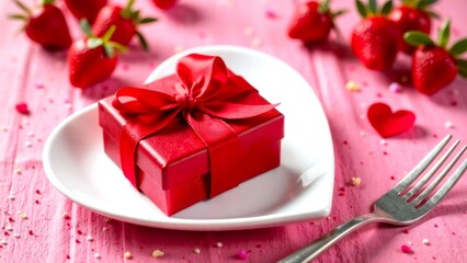 Red Gift Box with red ribbon, on white heart-shaped plate, on the pink table. Close-up of gift box. Holiday illustration, greeting card
