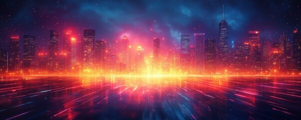 Fototapeta premium Futuristic Neon Cityscape Abstract Background Digital Art High Contrast Waves Colors