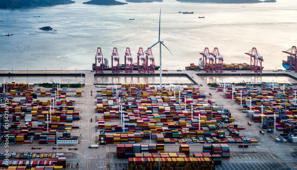 Aufkleber aerial view of container port and natural scenery at the seaside