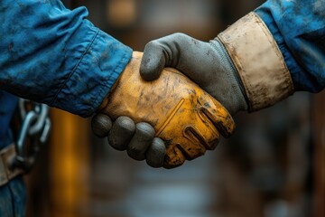 Handshake between workers teamwork construction cooperation safety carpentry management support engineering renovation inspection