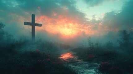 Misty Sea Landscape with a Silhouette Cross Symbolizing Faith and Spirituality