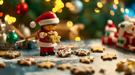 Enchanting Holiday Scene with a Cheerful Child Baking Festive Cookies and Golden Lights