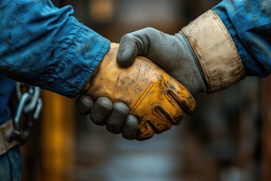 Handshake between workers teamwork construction cooperation safety carpentry management support engineering renovation inspection