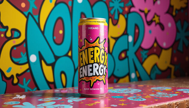 Vibrant energy drink can mockup with dynamic graphics on colorful background