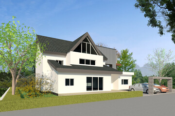 house in the suburbs, 3D perspective rendering of a two-story detached house