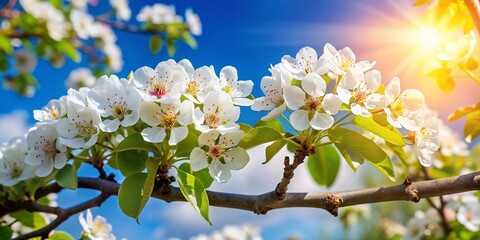 Obraz premium Captivating Blooming Branch of a Pear Tree on a Serene Spring Day with Soft Light, Vibrant Flowers, and a Blue Sky Background for Nature and Seasonal Photography