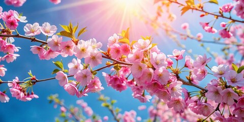 Fototapeta premium Captivating Blooming Sakura Flowers on Cherry Blossom Branches Against a Soft Blue Sky, Creating a Serene and Tranquil Landscape in Early Spring