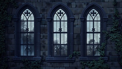 Gothic Stone Windows with Mysterious Night Atmosphere