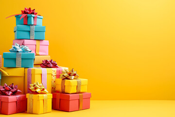 Stack of colorful boxes with a yellow background