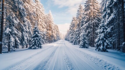 Fototapeta premium Winter forest background with a road perspective and Christmas trees under snow