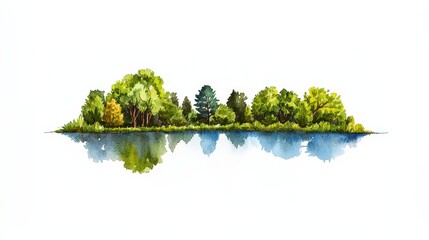 Serene Watercolor of Forest and Lake with Tree Reflections