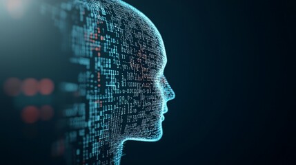 Digital representation of a human head composed of binary code, symbolizing AI and technology.