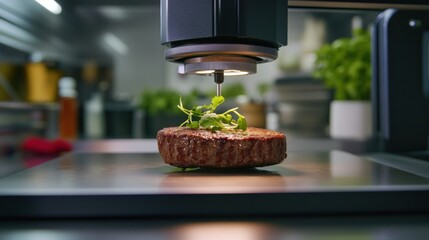 A 3D food printer carefully designs a plant-based steak topped with fresh herbs in a contemporary kitchen environment. Generative AI