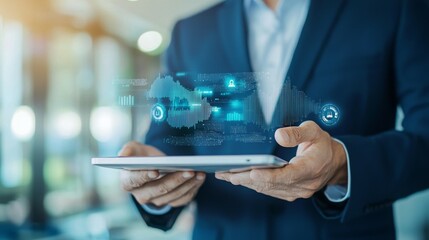 A businessman holds a tablet displaying digital data and analytics in a modern setting.