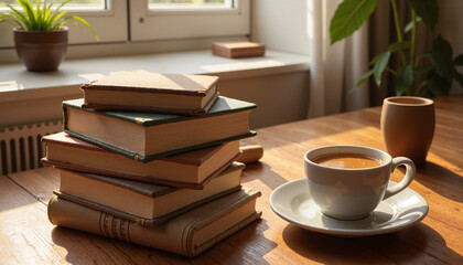 Stack of vintage books and coffee cup on wooden table with warm light, mockup