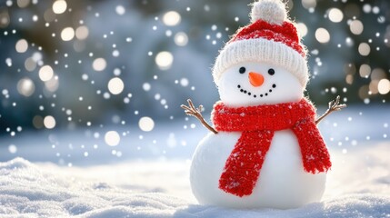 Winter holiday christmas background banner - Closeup of cute funny laughing snowman with wool hat and scarf, on snowy snow snowscape with bokeh lights
