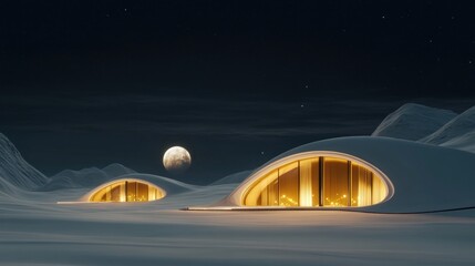 Futuristic moon base structures are illuminated against a dark landscape, demonstrating advanced technology and renewable energy generation in a unique extraterrestrial environment