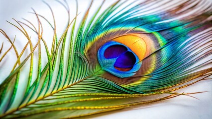 Obraz premium Captivating Candid Photography of a Vibrant Peacock Feather on a Pristine White Background Emphasizing Texture and Color for Nature and Art Enthusiasts