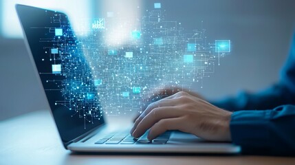 A person typing on a laptop with digital data visualizations emerging from the screen.