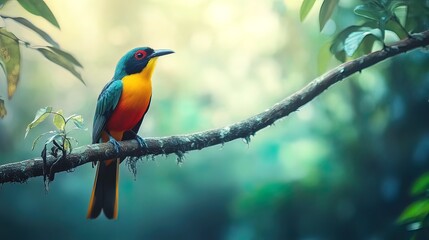 Vibrant exotic bird perched on a mossy branch in a lush, green forest.