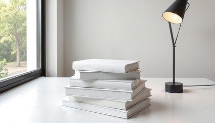 Minimalistic stack of white books on modern desk with lamp and natural light, mockup