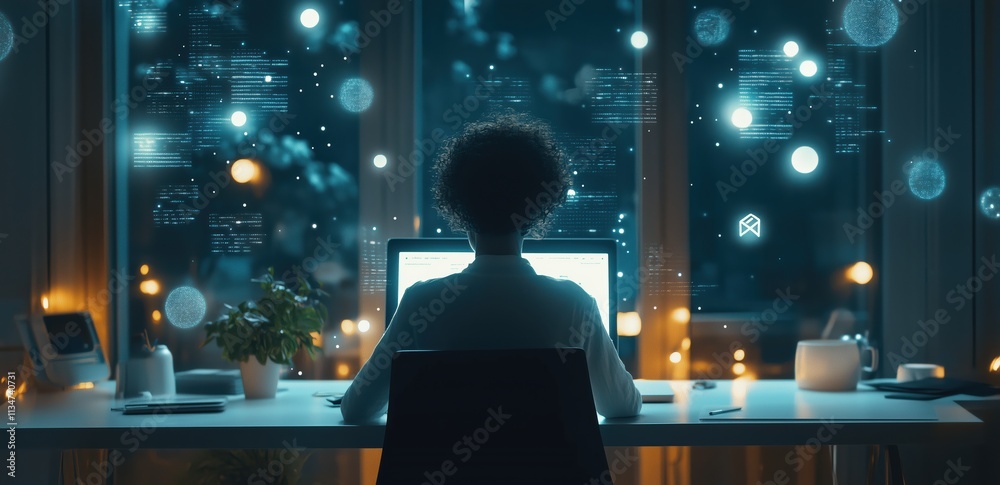 Poster A focused individual engaged in goal setting and planning at night, illuminated by the glow of a computer screen, surrounded by a serene workspace with city lights in the background.