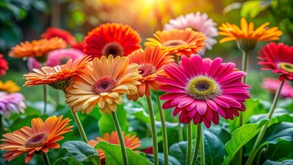 Fototapeta premium Captivating Candid Photography of Vibrant Gerbera Flowers in a Lush Garden Setting, Showcasing Their Natural Beauty and Colorful Petals Under Soft Natural Light