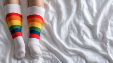 Colorful rainbow-striped socks on a white bedspread.