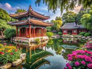 Fototapeta premium Captivating Chinese Traditional Architecture Amidst the Lush Scenery of Beijing Botanical Garden, Blending Nature and Heritage in a Timeless Landscape
