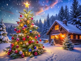 Obraz premium Captivating Christmas Wonderland: A Festive Scene with Twinkling Lights, Ornaments, and Snow, Perfectly Framed Using the Rule of Thirds for a Magical Holiday Atmosphere