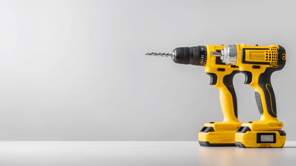 Two yellow cordless drills on a plain background.